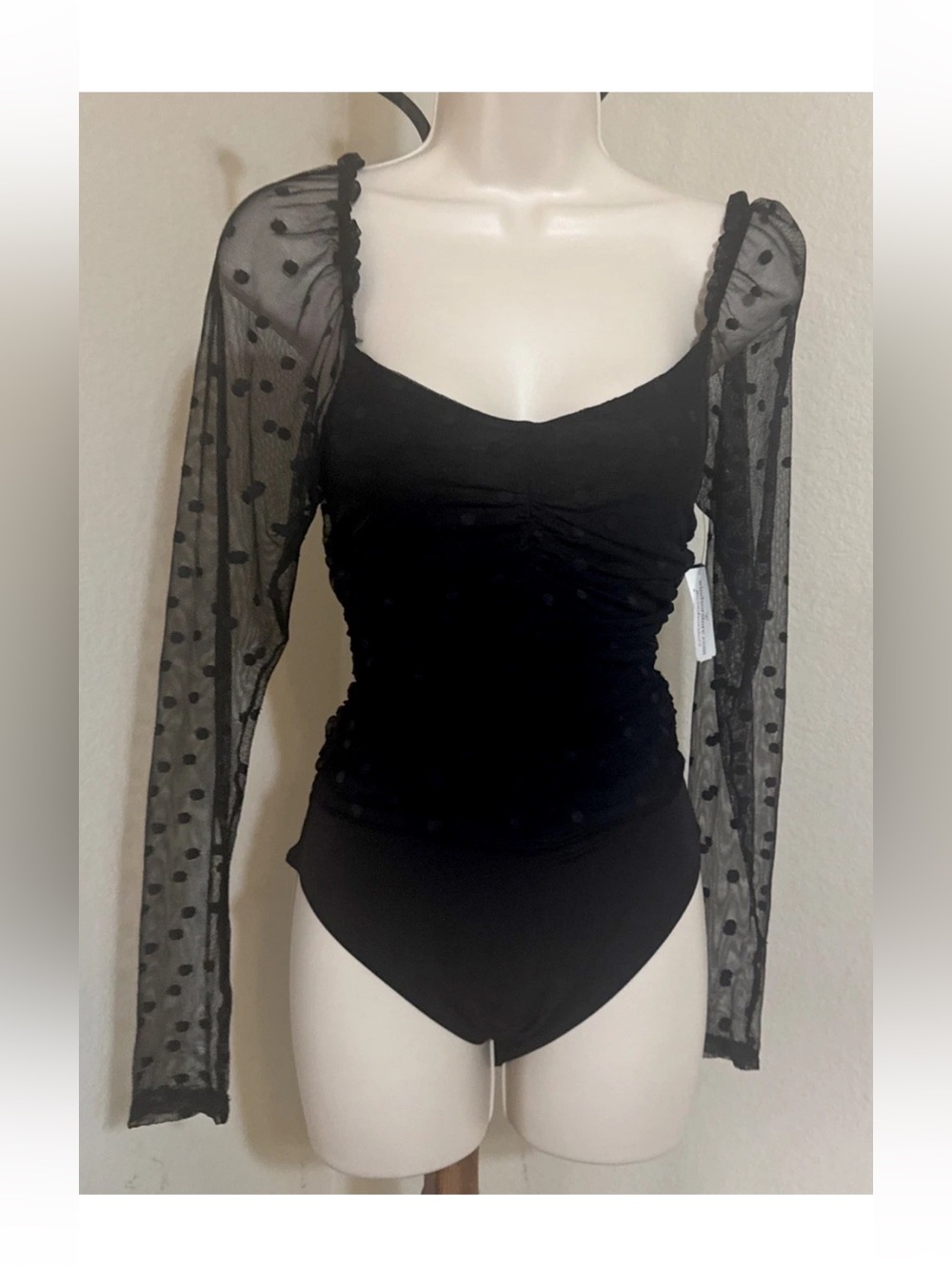 Women’s Black Ruched Bodysuit — Sheer Mesh Dot Sleeves Slimming One Piece